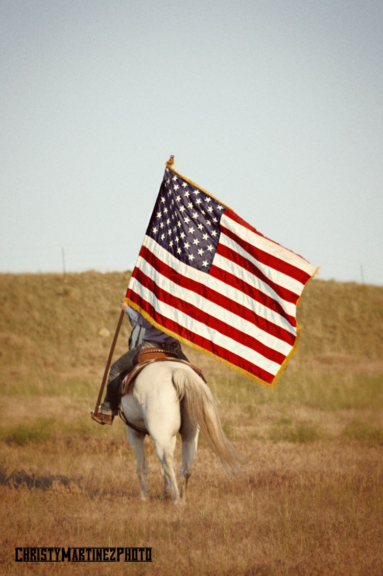 Horse and rider carrying American Flag