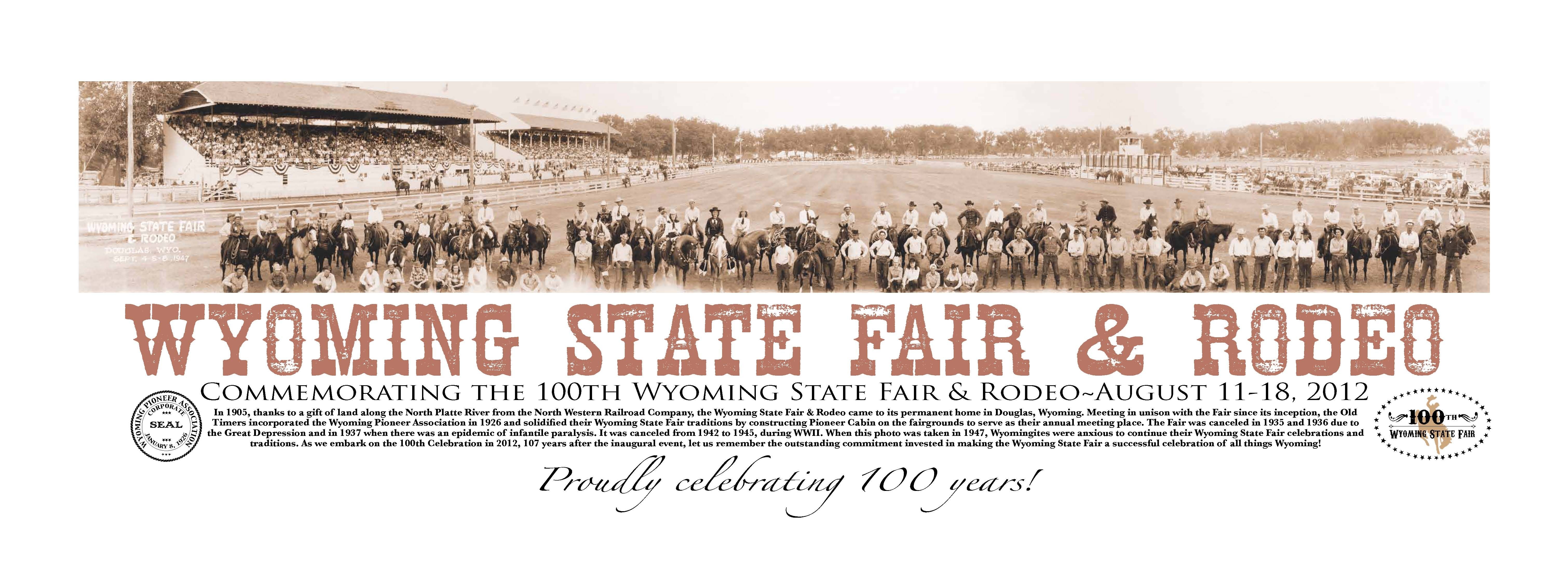 Commemorating the 100th Wyoming State Fair, this 40"x15" limited-edition poster is framed in glass with a black, metal frame. The image is set at the 1947 Wyoming State Fair Rodeo in Douglas and includes many Wyoming legends. Donated by Chuck and Mary Engebretsen and the Wyoming Pioneer Association.